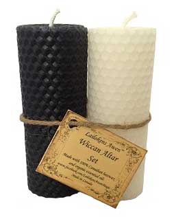 4 1/4" Wiccan Altar set black & white Lailokens Awen candle - Click Image to Close