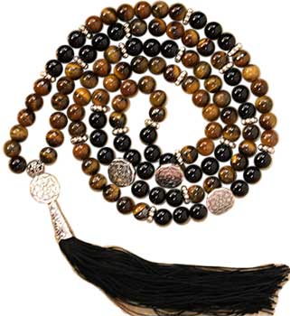 Tiger Eye & Black Agate Buddhist Wheel elastic mala - Click Image to Close