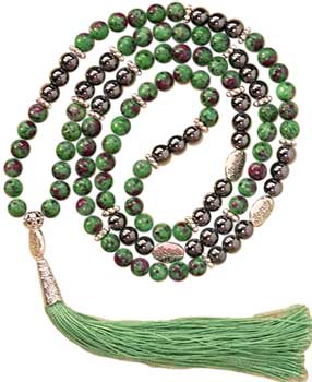 Ruby Zoisite & Hematiite Leaves elastic mala - Click Image to Close