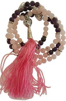 Rose Quartz & Amethyst Heart elastic mala - Click Image to Close