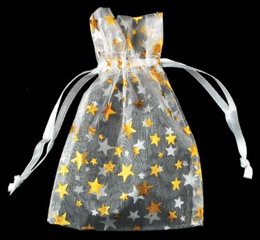 2 3/4" x 3" White organza w/ Gold Stars